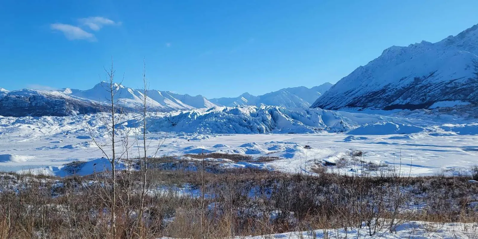Wide winter view down the Matanuska valley toward the glacier